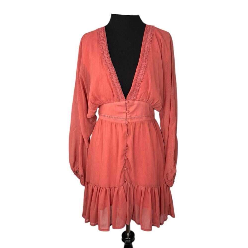 VICI Collection Coral Long Sleeve Babydoll V-Neck Button Waist‎ Dress Sz S EUC